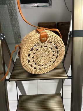 Woven Round Straw Crossbody Bag with Tan Leather Strap